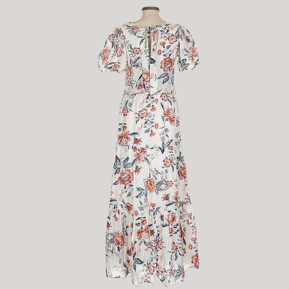 Lucky Brand Short Puff Sleeve V-neck Tiered Tie Back Floral Maxi Dress sz XS - Picture 3 of 7